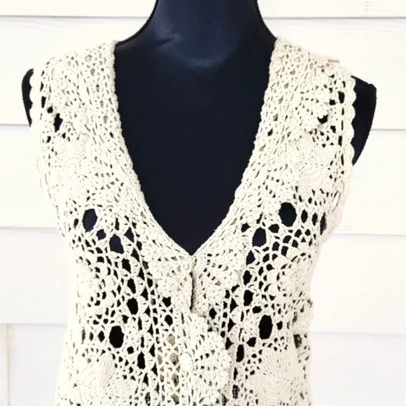 VTG Crochet Lace Ecru Beige Cream COLOUR EIGHTEEN Long Tunic Vest Mini Dress (M) - Picture 3 of 11